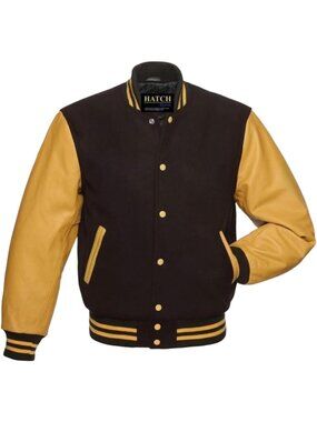 Men’s Brown Gold Genuine Leather Sleeve Varsity Letterman Jacket
